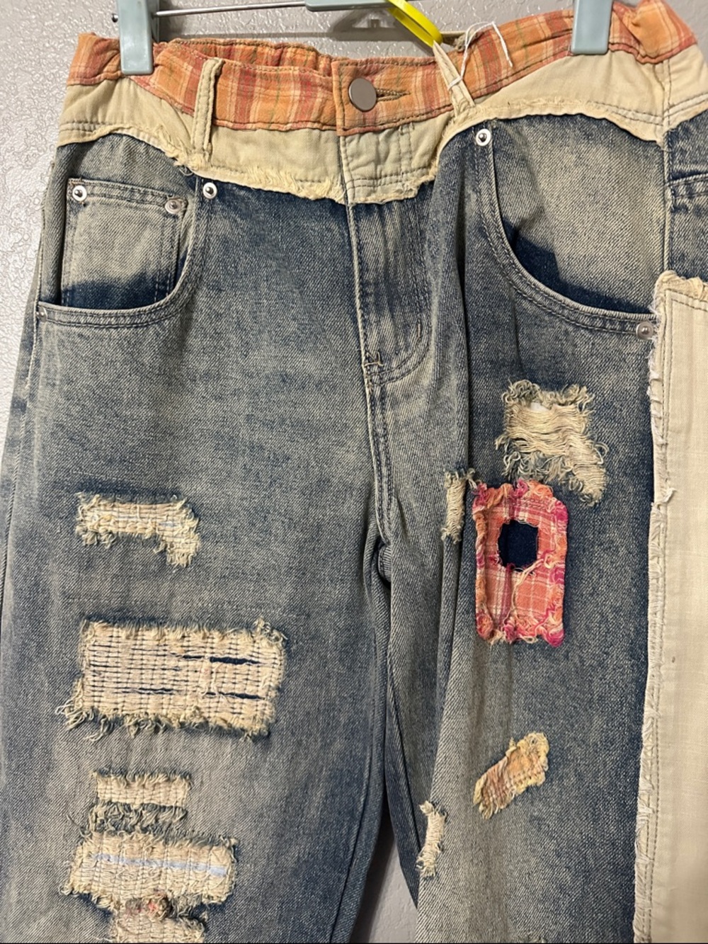 Patchwork Wide Leg Jeans - Distressed Blue with Plaid Accents - Picture 2 of 3
